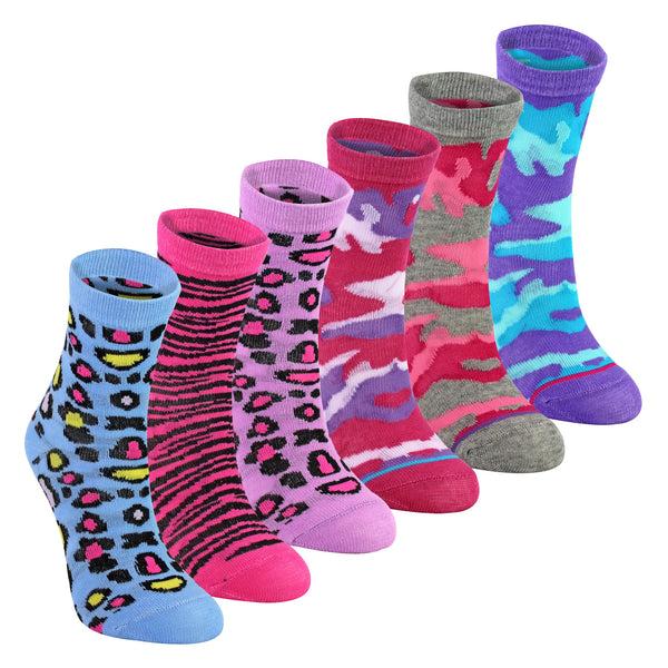 sock snob 6 Pack Girls Animal Print Cotton Socks | Colourful Camo Patterned Socks