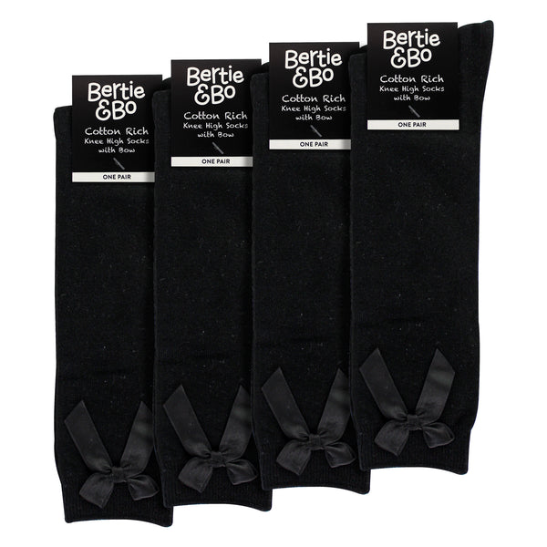 Sock Snob Girls 4 Pack Knee High School Socks With Ribbon Bow | Kids Plain Long Socks