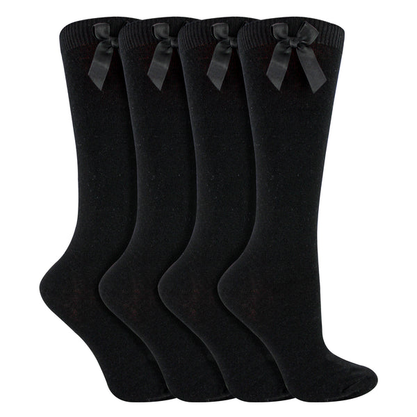 Sock Snob Girls 4 Pack Knee High School Socks With Ribbon Bow | Kids Plain Long Socks