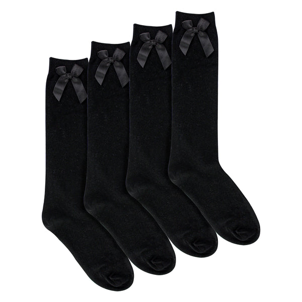 Sock Snob Girls 4 Pack Knee High School Socks With Ribbon Bow | Kids Plain Long Socks