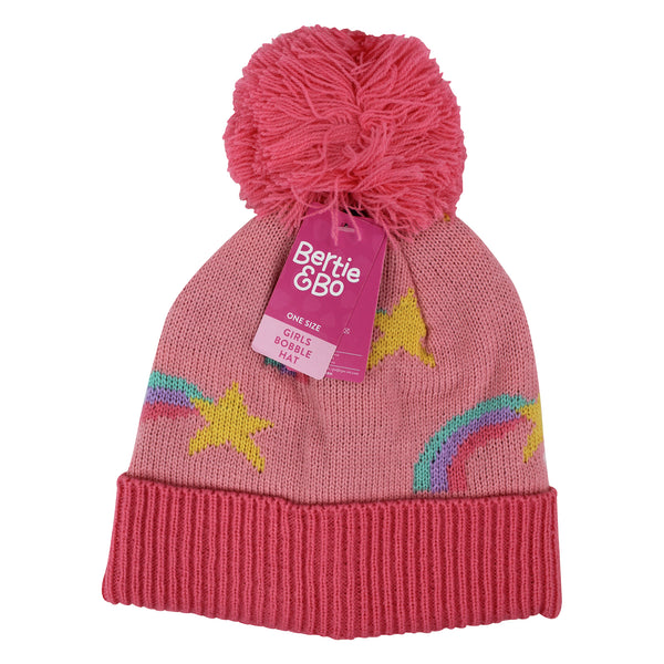 Sock Snob Girls Rainbow Beanie Hat With Bobble | Kids Warm Winter Hat With Pom Pom