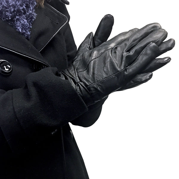 Sock Snob Ladies Fleece Lined Warm Leather Gloves With Bow