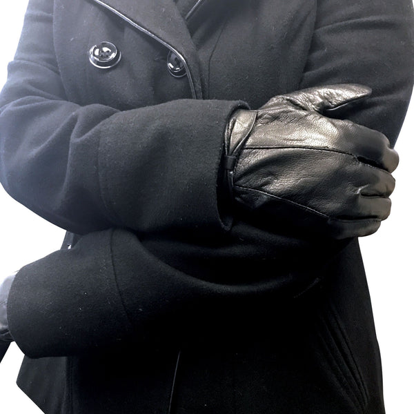 Sock Snob Ladies Fleece Lined Warm Leather Gloves With Bow