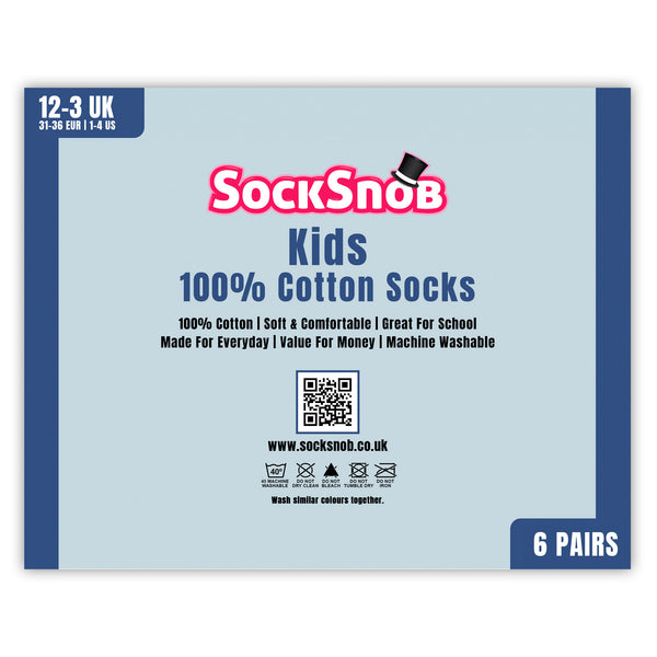 Sock Snob 6 Pack Kids 100% Cotton Breathable Socks