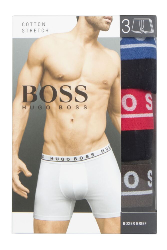sockshop BOSSMens Cotton Contrast Waistband Longer Leg Boxer Shorts 3-Pack