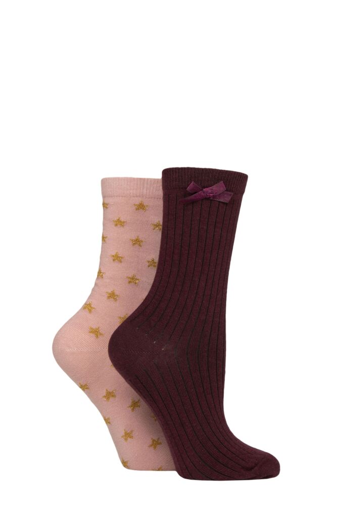 Sockshop CharnosWomens All Over Star And Rib Bow Socks 2-Pair