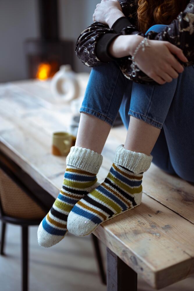Sockshop ELLEWomens Chunky Fair Isle & Striped Moccasin Grip Socks
