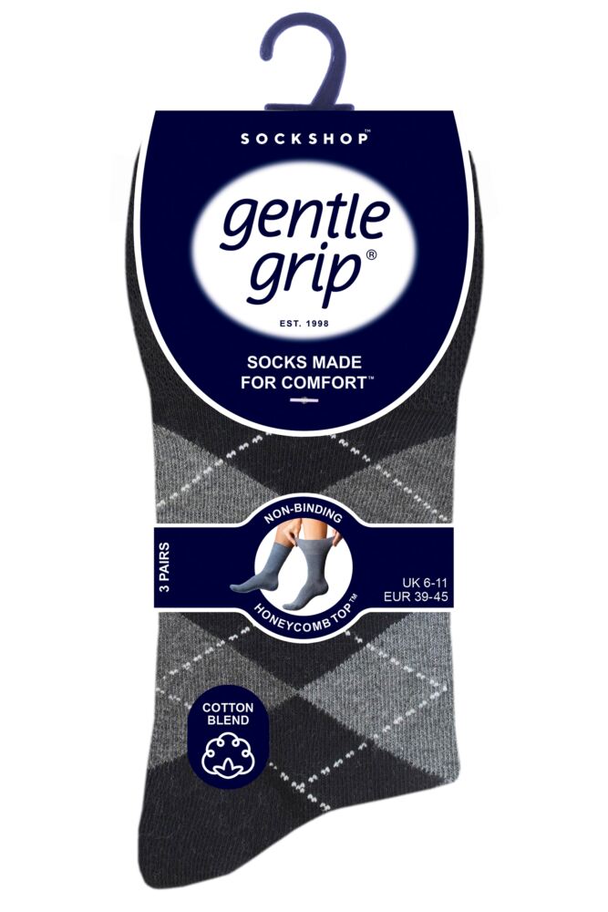 sockshop Gentle GripMens Cotton Argyle Socks 3-Pair