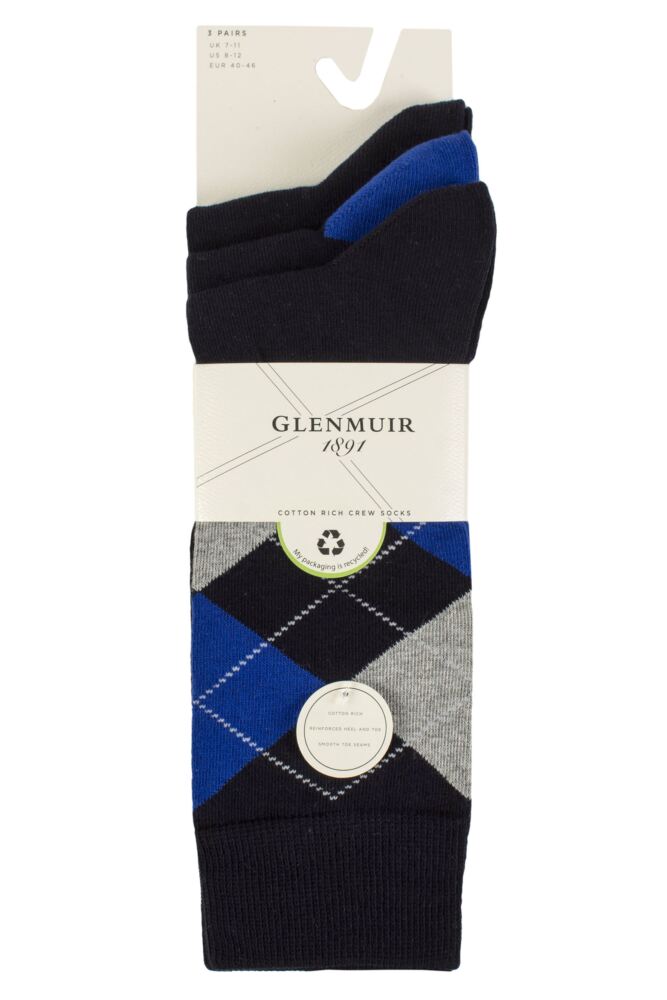 sockshop GlenmuirMens New Waverley Cotton Argyle Patterned and Plain Socks 3-Pair