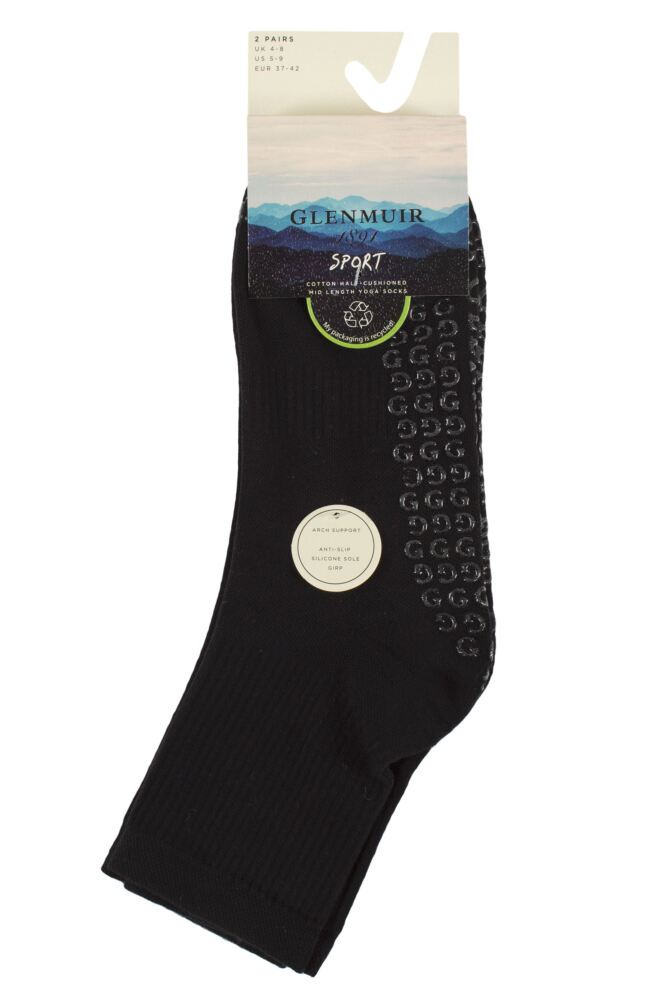 sockshop GlenmuirWomens Sport Cotton Half Cushioned Mid Length Yoga Socks with Grips 2-Pair