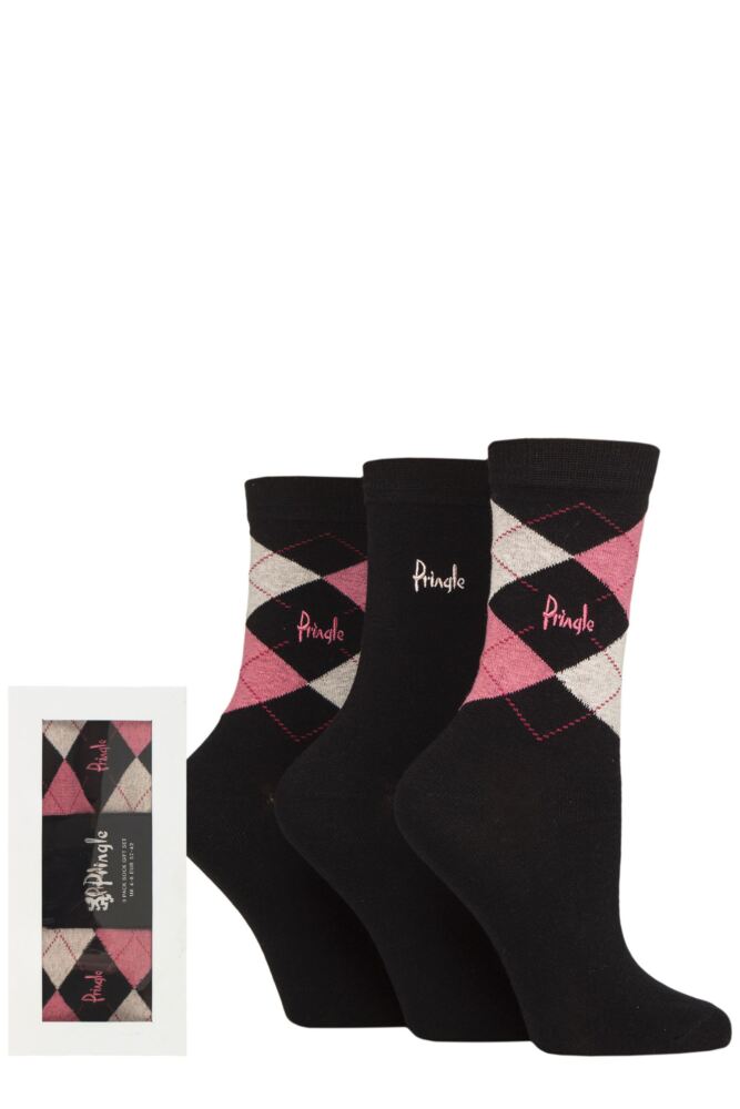 Sockshop PringleWomens Cotton Louise Plain & Argyle Socks 3-Pair Gift Box