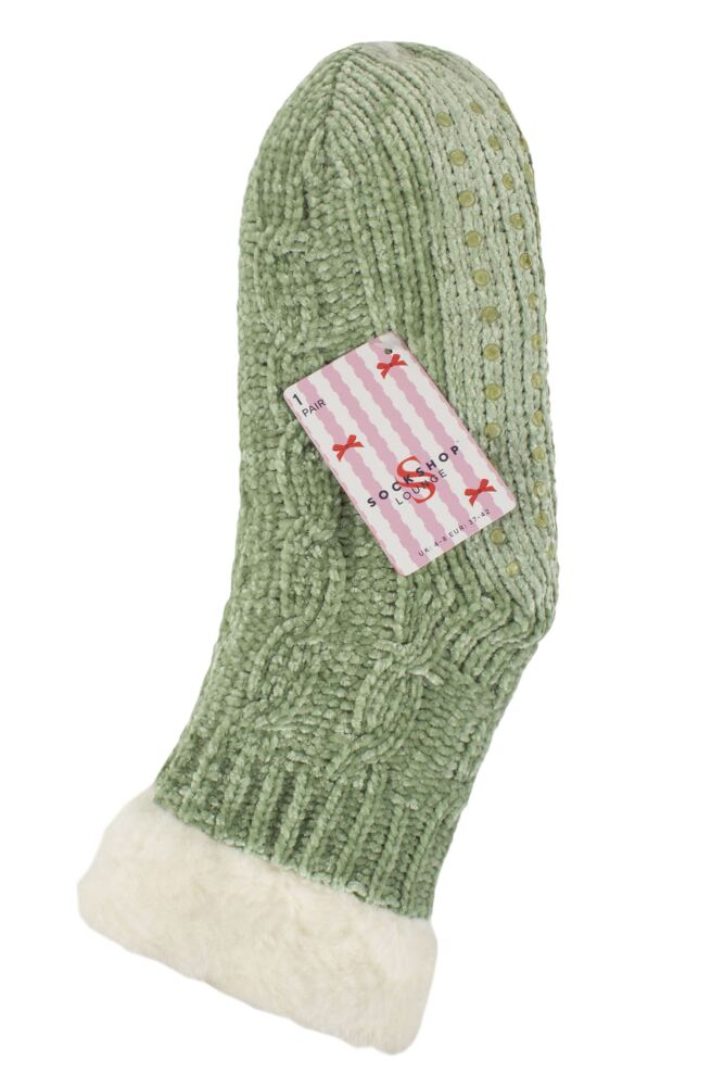 SOCKSHOP Womens Faux Fur Lined Chenille Cable Slipper Socks