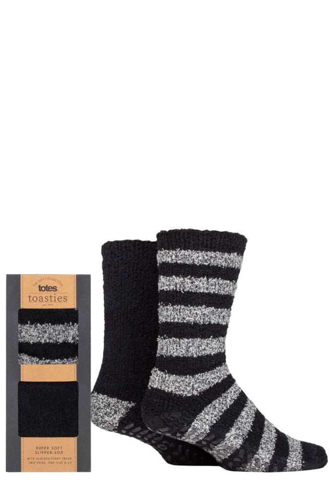 Sockshop TotesMens Super Soft Stripe & Plain Slipper Socks With Grip 2-Pair Gift Box