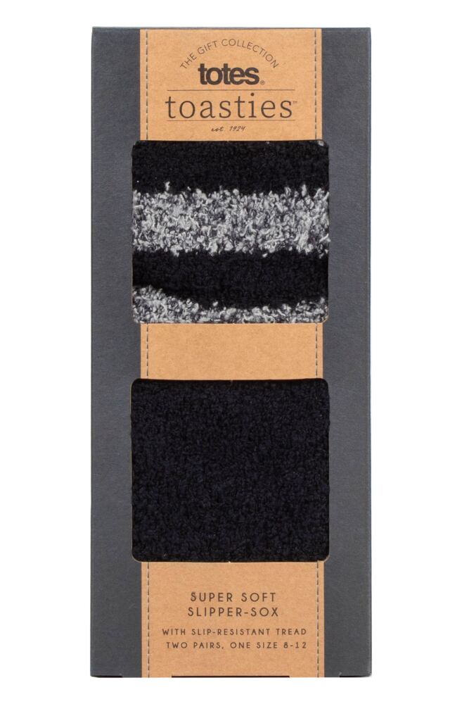 sockshop TotesMens Super Soft Stripe & Plain Slipper Socks with Grip 2-Pair Gift Box