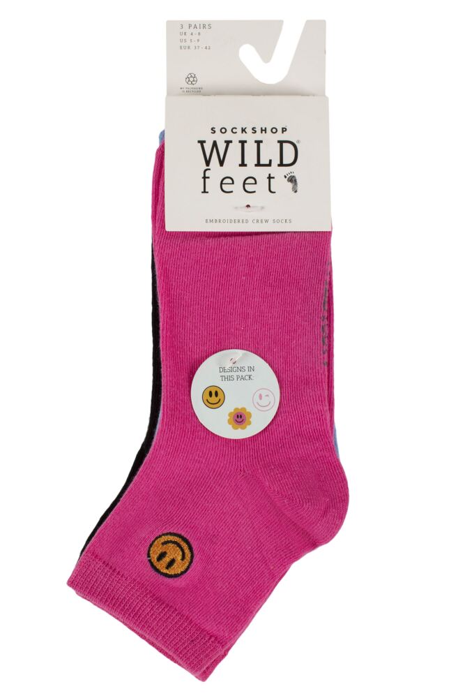 sockshop WildfeetWomens Cotton Embroidered Crew Socks 3-Pair
