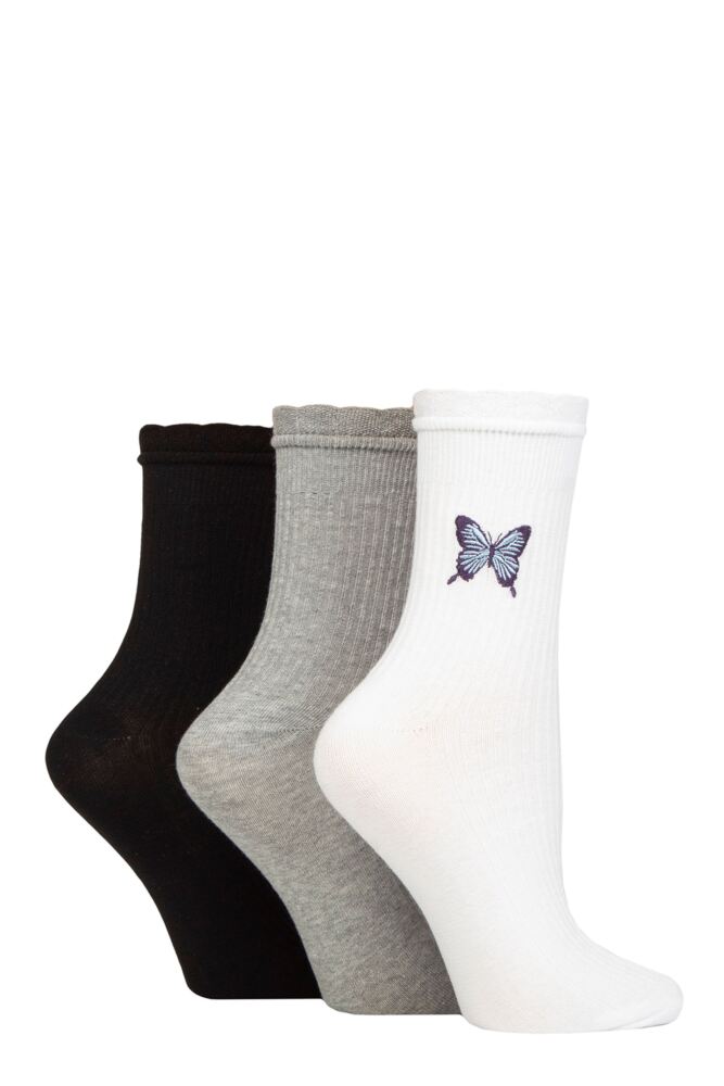 Sockshop WildfeetWomens Cotton Mid Length Frill Top Embroidered Socks 3-Pair