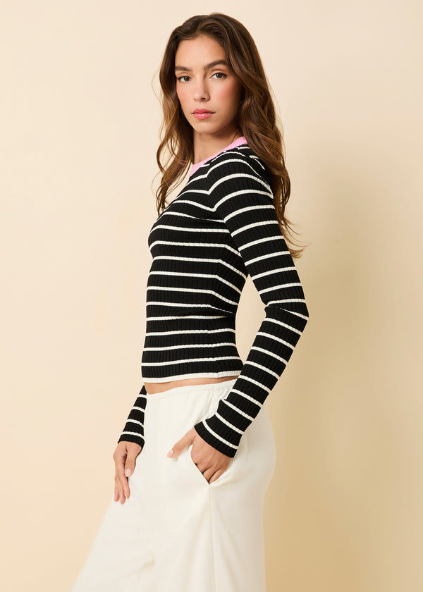 Solid & Striped Dora Ribbed Knit Top Noir / Brule Stripe / Bon Bon