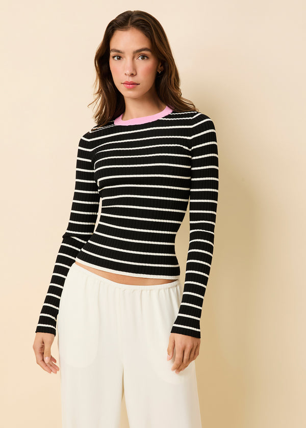 solid & striped Dora Ribbed Knit Top Noir / Brule Stripe / Bon Bon