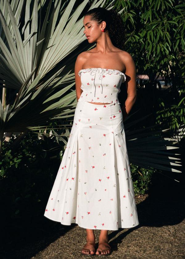 Solid & Striped Gael Skirt Poplin Embroidered Floral Optic White