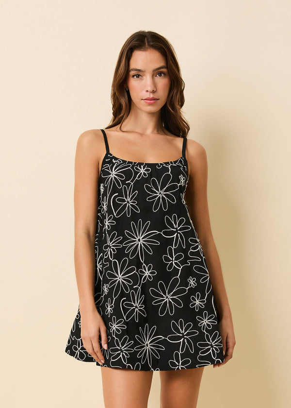 solid & striped Lindsay Dress Embroidered Schfly Floral Doodle Noir