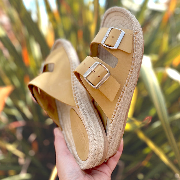 solillas CANARIO NEVA - Strappy Espadrille Sliders in Yellow Leather with Buckles