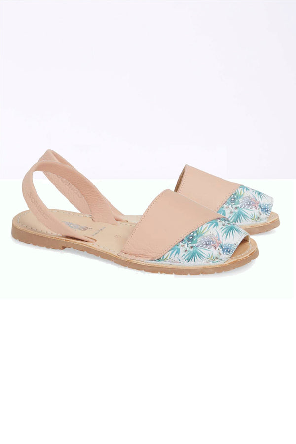 Solillas LARA - Original Menorcan Sandals In Pink Leather With Boho Print Detail