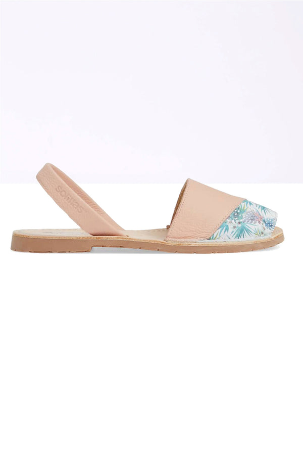 Solillas LARA - Original Menorcan Sandals In Pink Leather With Boho Print Detail