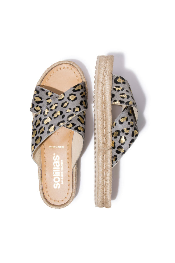 solillas LEOPARDO GRIS CRUZADO - Espadrille Slider in Grey Leopard Leather