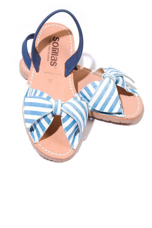 Solillas MARINA LAZO - Menorcan Sandals In Blue & White Striped Leather With Bow