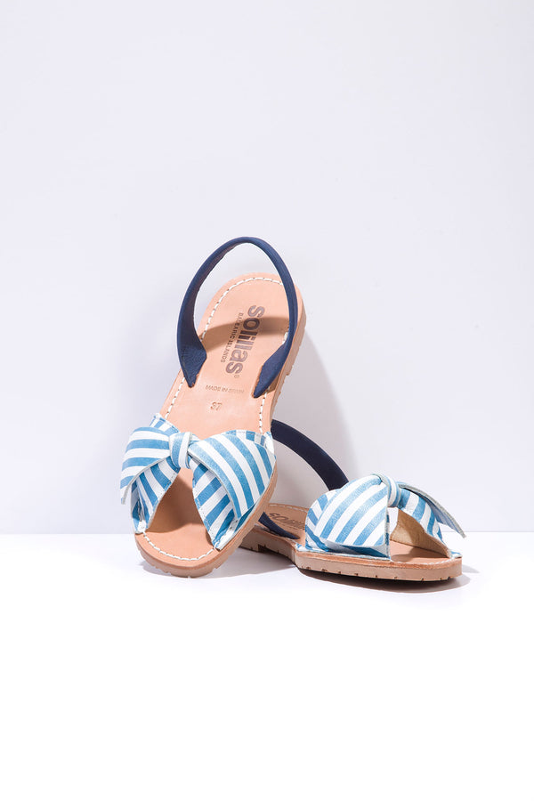solillas MARINA LAZO - Menorcan Sandals in Blue & White Striped Leather with Bow