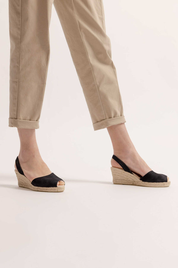 solillas NOCHE LALIA - Espadrille Wedge Black Leather Menorcan Sandals
