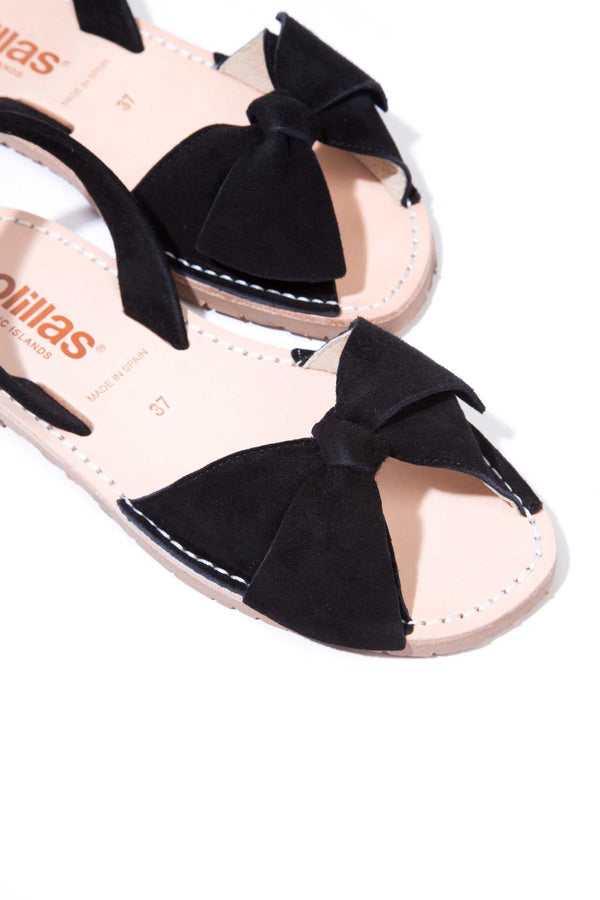 Solillas NOCHE LAZO Menorcan Sandals In Black Suede With Bow