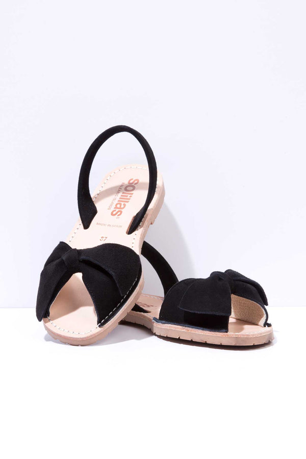 solillas NOCHE LAZO Menorcan Sandals in Black Suede with Bow