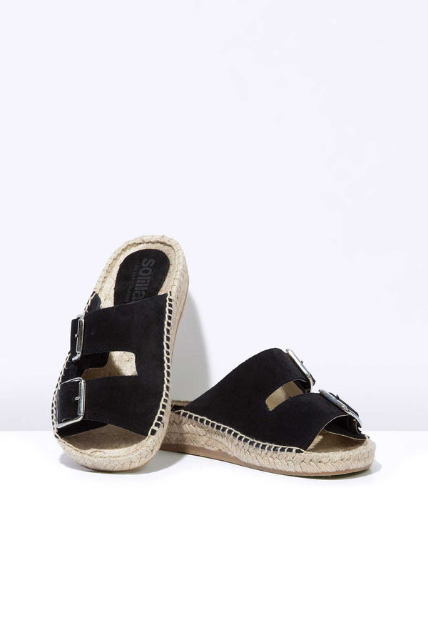 solillas NOCHE NEVA - Strappy Espadrille Sliders in Black Suede with Buckles