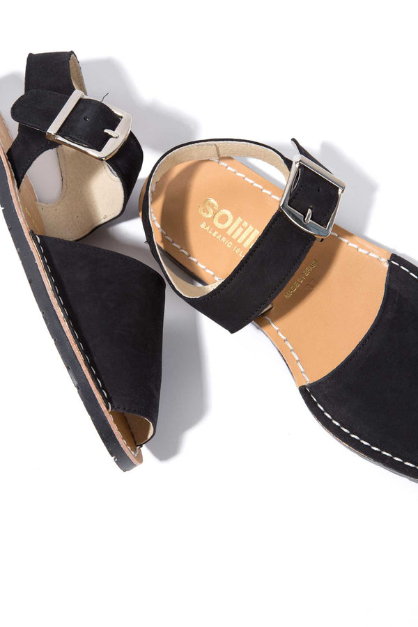 solillas NOCHE PESCA - Original Menorcan Sandals in Black Nubuck Leather with Buckle