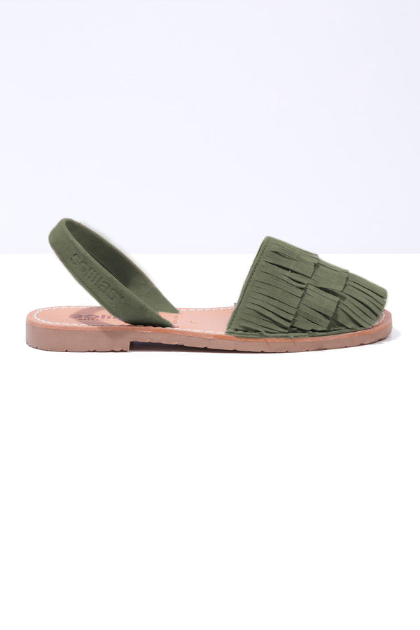 Solillas Pino Franja - Khaki Green Fringe Detail Leather Menorcan Sandals