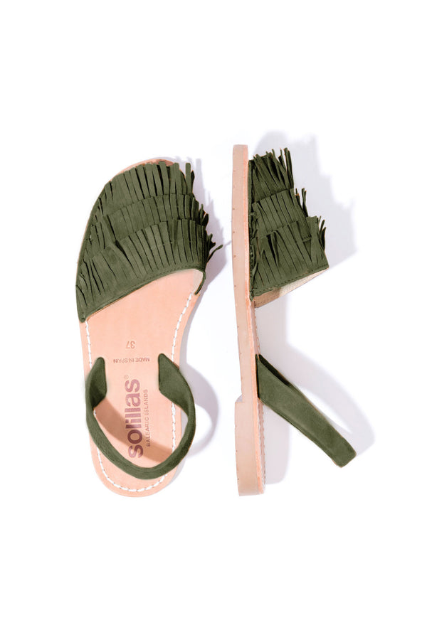 solillas Pino Franja - Khaki Green Fringe Detail Leather Menorcan sandals
