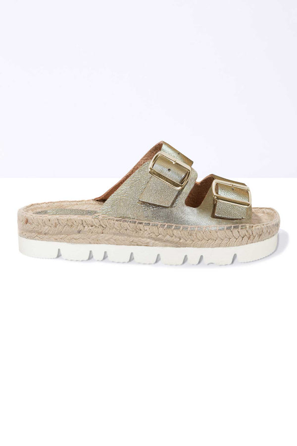 Solillas PLATINO NEVA - Strappy Espadrille Flatform Sliders In Gold Leather With Buckles