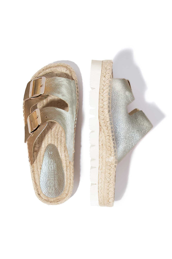 Solillas PLATINO NEVA - Strappy Espadrille Flatform Sliders In Gold Leather With Buckles