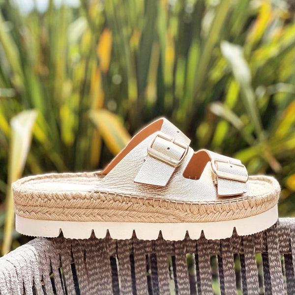 solillas PLATINO NEVA - Strappy Espadrille Flatform Sliders in Gold Leather with Buckles