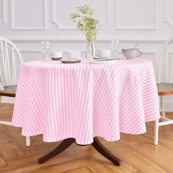 solino home Amalfi Stripe Round Tablecloth Cherry Blossom & White