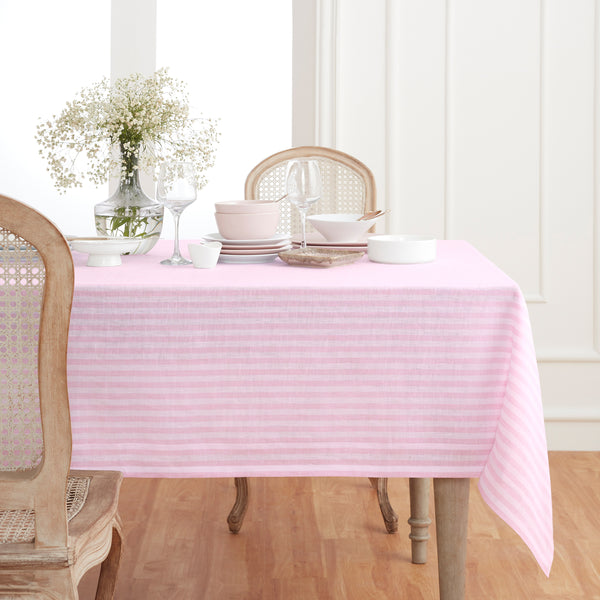 solino home Amalfi Stripe Tablecloth Cherry Blossom & White