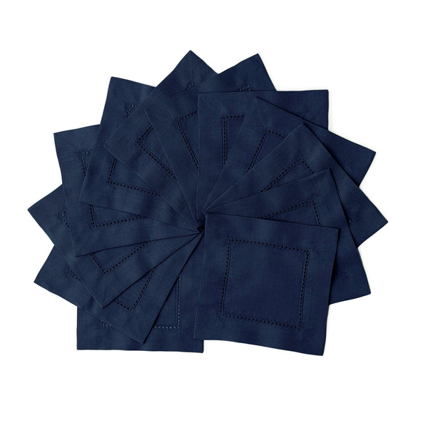 solino home Cotton Linen Hemstitch Cocktail Napkins Navy