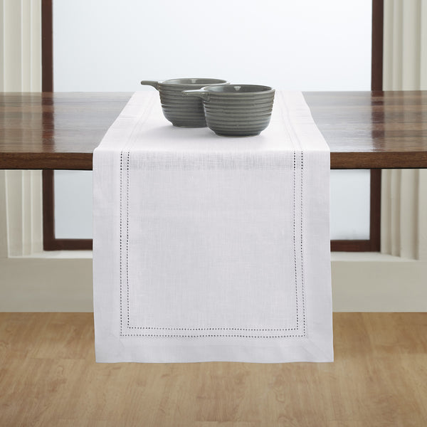 solino home Linen Double Hemstitch Table Runner White