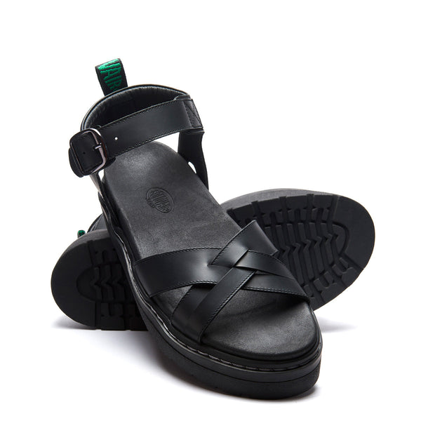 Solovair Ashby - Black Greasy One Strap Crossover Sandal