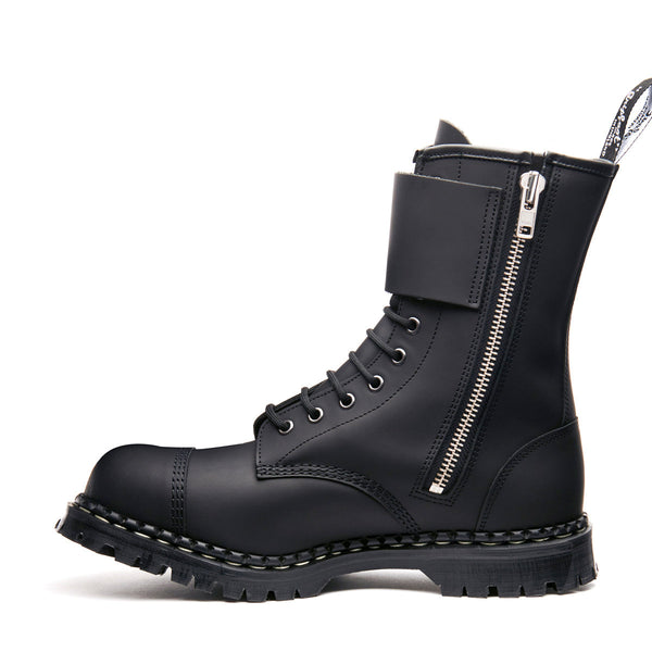 Solovair Black Greasy 10 Eye Steel Toe Capped Zip Twin Strap Derby Boot