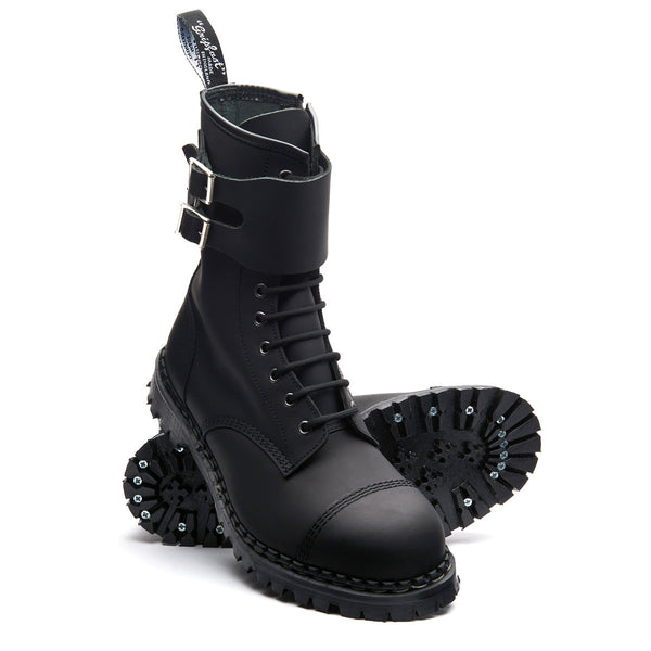 Solovair Black Greasy 10 Eye Steel Toe Capped Zip Twin Strap Derby Boot