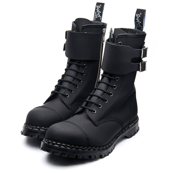 Solovair Black Greasy 10 Eye Steel Toe Capped Zip Twin Strap Derby Boot