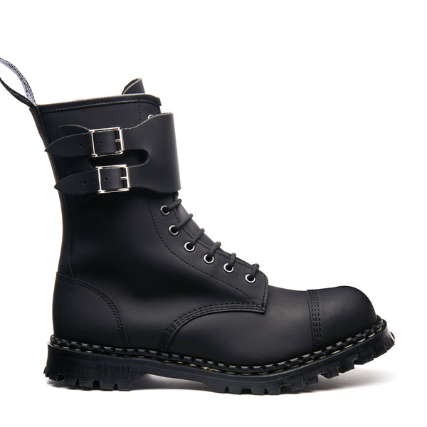 solovair Black Greasy 10 Eye Steel Toe Capped Zip Twin Strap Derby Boot