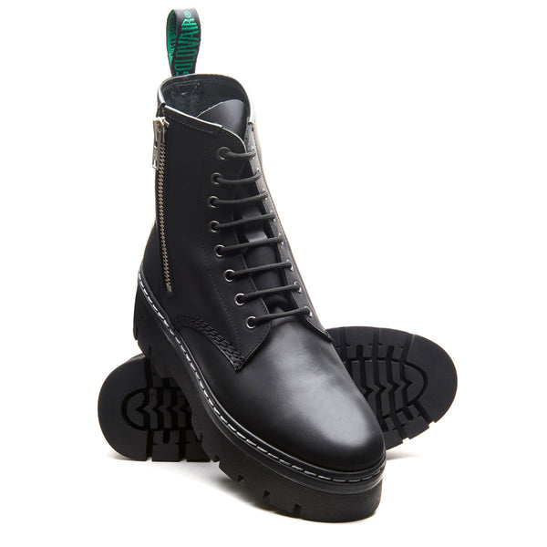 Solovair Black Greasy 8 Eye Zipped Platform Derby Boot